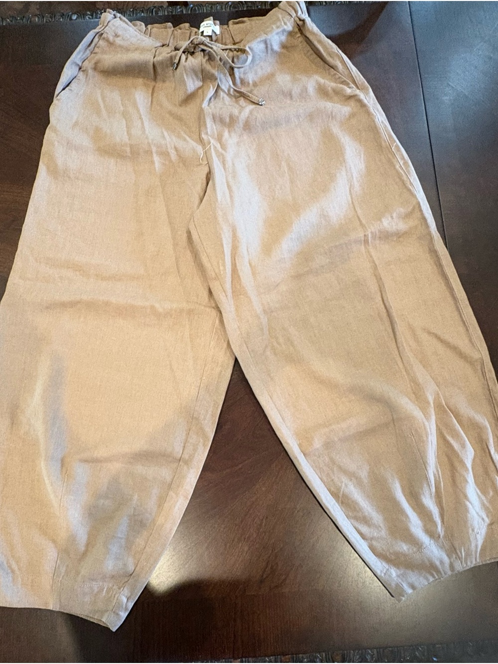 Max Studio Barrel leg Tan Drawstring Linen-Blend Chinos